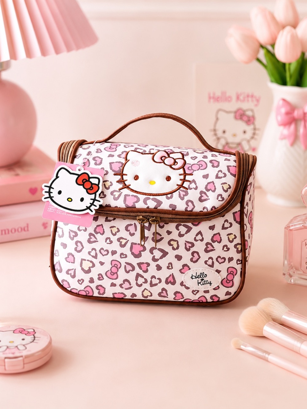 Hello Kitty Pink Leopard Print Makeup Bag with Top Handle